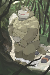 2020 anthro belly blush bodily_fluids canid canine chocobibear clothing cute_fangs detailed_background genital_fluids genitals humanoid_hands kemono male mammal outside overweight overweight_male peeing penis shirt solo topwear underwear urine