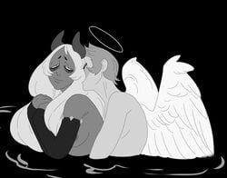 angel angel_wings black_gloves blue_diamond_(steven_universe) cartoon_network covering_breasts demon demon_horns diamond_authority female female/female female_only gem_(species) kissing_neck long_hair nude_female pool ruthion69 short_hair smiling steven_universe water yellow_diamond_(steven_universe) yuri