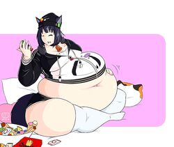 akiko_(seveneyedlamb) beanie_hat big_belly big_breasts candy cat_tail catgirl closed_eyes eating fat hand_on_belly jacket neko nekoluvian obese overweight overweight_female pale_skin seveneyedlamb supamu-san weight_gain