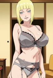 1girl ai_generated big_breasts blonde_hair blonde_hair_female blue_eyes female garter_belt gray_lingerie lacy_bra lacy_panties lingerie living_room narugirlshot naruto naruto_(series) posing posing_for_the_viewer samui sexy_female short_blonde_hair short_hair short_hair_female