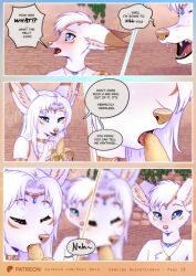 anthro banana blue_eyes blush canid canine clothing comic dialogue dipstick_ears ear_markings embarrassed english_text fennec_fox food food_fetish fox fruit gesture hi_res louis_(rukifox) luna_(rukifox) male mammal multicolored_ears plant rukifox speech_bubble suggestive suggestive_food suggestive_gesture teasing text true_fox white_body