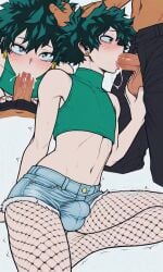 aged_up aged_up_character ai-created ai_generated blowjob boku_no_hero_academia bulge bulge_through_clothing crop_top cum cum_drip cum_in_mouth cumshot cute_expression cute_male dark-skinned_male denim_shorts drinking_cum dripping_cum ear_piercing erection femboy femboy_focus femboysub feminization fishnet_stockings freckles fucking_mouth gay gay_blowjob green_eyes green_hair huge_balls huge_cock izuku_midoriya looking_at_viewer looking_pleasured looking_up male/male midoriya_izuku multiple_views my_hero_academia on_knees short_hair submissive_male sucking_dick trembling uncensored veiny_penis