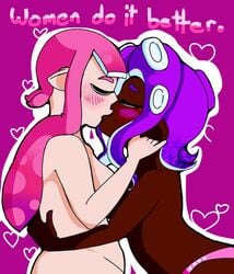 2girls blush chubby closed_eyes cute dark-skinned_female duo inkling inkling_girl interracial interracial_yuri interspecies kissing lesbian light-skinned_female long_hair multiple_girls nintendo nude octoling octoling_girl panties pink_hair purple_hair short_hair slutoon_ splatoon splatoon_2 yuri