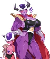 2019 2aliens 2girls age_difference alien alien_girls big_breasts blush cleavage dragon_ball dragon_ball_super dragon_ball_super_broly dragon_ball_z female female_only frieza genderswap_(mtf) hand_on_hip height_difference hi_res horns king_cold lightsource looking_at_viewer muscles muscular muscular_female pink_eyes pink_skin purple_lips purple_skin rule_63 saiyan_armor smiling smiling_at_viewer tail thick_thighs toei_animation white_background