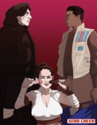 1girls 2boys black_hair breasts brown_eyes brown_hair cum_on_face dark-skinned_male dark_skin double_bun female finn_(star_wars) human human_only interracial kylo_ren male rey star_wars the_rise_of_skywalker threesome xerocreed