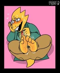 2022 3_toes absurd_res alphys anthro black_border blarf022 blush bodily_fluids border clothing deltarune embarrassed eyewear feet female foot_fetish foot_focus glasses green_clothing green_suit hi_res lizard lying musk necktie on_back pink_background reptile scalie simple_background smelly smelly_feet soles solo steamy_feet suit sweat sweaty_feet toes undertale_(series)