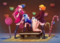 1girls 2futas candy charlotte_(witch's_heart) claire_elford clothed clothed_sex cumming cumming_in_mouth cumming_in_pussy demon demon_girl futa_on_female futanari human mature_body mature_female penis pussy_juice spitroast spitroasted_by_futas stockings threesome tits_covered tits_out witch's_heart zizel
