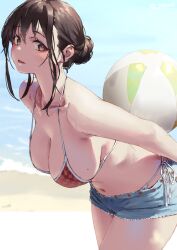 aya_(jonsun) ball bare_arms bare_shoulders beachball bikini black_hair blue_shorts breasts brown_eyes cleavage collarbone commentary_request day female holding holding_ball holding_beachball jonsun large_breasts leaning_forward looking_at_viewer mole mole_on_breast navel original outdoors parted_lips red_bikini short_shorts shorts side-tie_bikini_bottom sidelocks smile solo swimsuit thighs wet