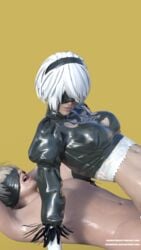 3d bottomless colored_background cum cum_dripping cum_on_face female male nier nier:_automata nude nude_male nude_male_clothed_female reverse_cowgirl_position white_hair yorha_2b yorha_9s