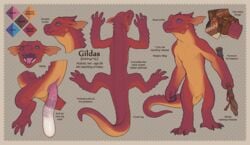 2020 4_fingers 4_toes anthro blue_eyes digital_media_(artwork) english_text fingers genitals gildas hi_res kobold lizard male male_only model_sheet open_mouth penis red_body red_scales scales scalie snowskau solo stanidng teeth text toes tongue