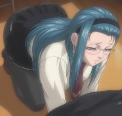 1girls ai_generated alternate_costume bangs bangs_between_eyes before_sex bent_over bible_black bible_black_gaiden big_ass blue_hair blush classroom cleavage desk dusk embarrassed face_closeup female female_only gakuran glasses grey_eyes hair_ornament hairband high_resolution imminent_oral implied_sex indoors inminent_sex kneeling long_hair looking_away mochida_junko necktie no_eyewear nude nude_female pantyhose petite shirt shy solo solo_female teenage_female teenager topless topless_female underwear upper_body viewed_from_above wariza