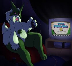 absurd_res anthro areola big_breasts breasts controller electronics eyelashes female front_view fur game_console generation_9_pokemon green_areola green_body green_fur green_nipples hi_res holding_controller holding_object huge_breasts looking_at_viewer mask meowscarada monster_energy monster_energy_can navel nintendo nintendo_entertainment_system nipple_piercing nipples nude open_mouth overweight overweight_female piercing pink_eyes pink_nose pokemon pokemon_(species) sitting solo super_mario_bros._3 unfunnybill
