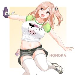 alternate_costume animal_print asymmetrical_gloves belt belt_buckle big_breasts black_skirt blush border bovine breasts buckle character_name collarbone commentary_request cow_print crop_top cropped_shirt dead_or_alive dead_or_alive_5 dead_or_alive_6 female gloves hair_ornament hair_up hiroyama_(hpzg5374) honoka_(doa) impossible_clothes large_breasts long_hair long_socks looking_at_viewer midriff miniskirt navel one_side_up open_mouth panties pantyshot pink_eyes pink_hair shirt shoes side_ponytail skirt skull skull_hair_ornament skull_ornament smile sneakers solo standing stuffed_toy teeth thighhighs tight_clothes tight_shirt two-tone_background underwear uneven_gloves upper_teeth_only white_border white_panties white_shirt white_thighhighs