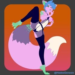 1:1 absurd_res anthro bikini breasts canid canine clothed clothing female fox fur hadesgenesis hair hi_res legwear looking_down luckytail mammal partially_clothed pink_body pink_fur sling_bikini solo swimwear