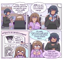 2d 2d_(artwork) 2girls absurd_res artist_name bare_shoulders beauty_mark black_hair blue_hair blue_highlights blush blushing blushing_profusely boob_window book books bookshelf border brown_eyes brown_hair choker chubby chubby_female cleavage_window clothed clothed_female clothing comic comic_strip cute cute_female cyan_hair dialogue ear_piercing earrings english_dialogue english_text eye_liner eyebrows_visible_through_hair eyelashes female flirting flirting_look flirty flustered flustered_female fully_clothed fully_clothed_female heartbeat hearts_around_head hi_res holding holding_book holding_object implied_cunnilingus implied_oral implied_sex indoors lesbian lesbian_sex licking licking_lips light-skinned_female makeup manga_(object) multiple_girls nervous nervous_face nervous_sweat no_nude oral oral_sex original original_character original_characters public reading reading_book reading_pornography sexual_tension shocked shocked_expression shocked_eyes shy shy_female sitting sitting_on_chair surprised surprised_expression swaet sweating tan_skin text two-tone_hair very_high_resolution watermark welcome_to_heaven wheelchair white_border wholesome wholesome_yuri wide_eyed yuri