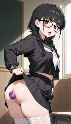 1girls ai_generated anal anal_plug anal_sex ass_focus belly_bulge black_hair dildo dildo_in_ass female_only frown glasses jimiko large_insertion lifting_skirt medium_breasts neckerchief object_in_ass object_insertion open_mouth pussy_juice sailor_collar saki_yoshida school_uniform serafuku sex_toy sex_toy_in_ass skirt stockings tongue_out twin_braids wet