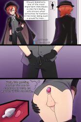 adrisushi823 anal_object_insertion ass balls bathroom bungo_stray_dogs chuuya_nakahara comic comic_page dialogue dick english_dialogue english_text inside_view penis plug plug_(sex_toy) prostate public_bathroom public_restroom