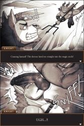 absurd_res anthro balls big_penis canid canine comic demon desfrog duo english_text facial_piercing genitals hi_res holding_melee_weapon holding_object holding_polearm holding_trident holding_weapon horn huge_cock humanoid_genitalia humanoid_penis male male/male mammal melee_weapon membrane_(anatomy) membranous_wings muscular muscular_anthro muscular_male nipple_piercing nipple_ring nipples nose_piercing nose_ring penis piercing polearm profanity ring_piercing text trident vein veiny_penis weapon wings