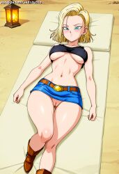 abs ai_generated android android_18 ass blonde_hair blue_eyes cyborg dragon_ball dragon_ball_super dragon_ball_z earrings female large_breasts naked naostudio nsfw short_hair solo thick_thighs wide_hips