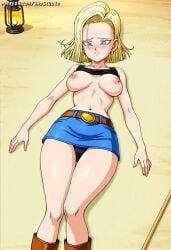 abs ai_generated android android_18 ass blonde_hair blue_eyes cyborg dragon_ball dragon_ball_super dragon_ball_z earrings female large_breasts naked naostudio nsfw short_hair solo thick_thighs wide_hips