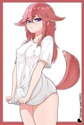 1futa brown_hair erect_nipples erect_penis erection fox_girl futa_only futanari genshin_impact hiding_erection hornyfex monster monster_girl nipples penis penis_under_clothes pink_hair precum purple_eyes solo solo_futa sweat sweating tail yae_miko