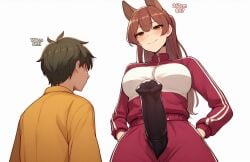 ai_generated big_penis clothed clothing futa_on_male futadom futanari giantess height_comparison height_difference horse_ears horse_girl horse_penis horsecock horsecock_futa horsecock_futanari horsecock_on_humanoid huge_cock larger_female larger_futa mini_giantess penis shorter_male size_comparison size_difference smaller_male spalela tall tall_female taller_female tracksuit umamusume umamusume_pretty_derby wardrobe_malfunction