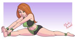 1girls 2d anklet artist_name athletic athletic_female bare_midriff bare_shoulders barefoot borderreloaded bracelet breasts busty cheerleader cheerleader_uniform clothed disney disney_channel feet female female_focus female_only flexible flexible_female green_eyes hourglass_figure human kim_possible kimberly_ann_possible light-skinned_female light_skin long_hair makeup nail_polish navel red_hair solo splits tagme toes wide_hips