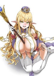 asanagi between_breasts blonde_hair cleavage dress elf elf_ears elf_village female green_eyes hat huge_breasts long_hair open_mouth original pointy_ears priscilla_(elf_village) sitting skimpy_clothes smiling sorceress staff