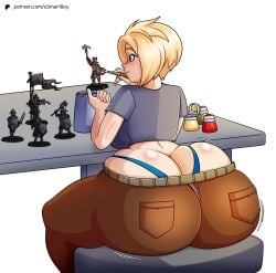 armor asmartboy ass ass_focus ass_jiggle ass_jiggling ass_wobble axe big_ass big_breasts blonde_female blonde_hair blue_eyes bottomwear bottomwear_halfway_down breasts bubble_butt cities_of_sigmar desk emelda_braskov exposed_panties exposed_thong flag flag_(object) grand_alliance_order hammer horn instrument mini miniature nerd nerdy paint paint_brush paintbrush painting painting_(object) paints panties panties_visible shield short_hair sitting soldier soldiers solo solo_focus sword thong thong_visible underwear view_from_behind warhammer_(franchise) warhammer_age_of_sigmar warrior