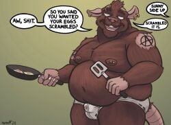 2023 belly_button big_belly bulge chat_bubble chubby cooking ear_piercings fat_male frying_pan gay_male huge_belly man_boobs nanoff nipple_piercings rat shaved_head simple_background tattoos underwear unknown_source