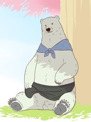 2020 3:4 anthro balls eclipsewolf fur genitals hi_res male male_only mammal outside penis polar_bear shirokuma shirokuma_cafe sitting slightly_chubby solo ursid ursine white_body white_fur