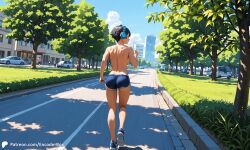1girls ai_generated athletic athletic_female back back_view breasts building car casual casual_nudity city earphones encoder exhibitionism female grass jogging jogging_pants medium_breasts naked naked_female nude nude_female outdoors park public public_nudity running running_shoes shorts smile smiling sportswear street topless trees