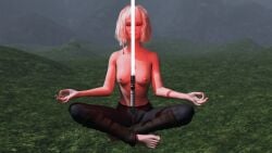 1girls 3d breasts casual casual_nudity closed_eyes clothing female female_only human izirider85 lightsaber meditation nipples outdoor_nudity outdoors pale_skin red_lightsaber shin_hati small_breasts solo star_wars weapon
