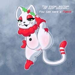1:1 domestic_cat english_text felid feline felis female feral genitals hi_res inviting inviting_to_sex junipurr mammal mrmystery_guy presenting raised_leg solo text vulva