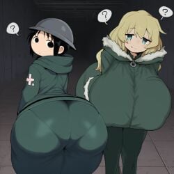 2girls ai_generated amiamia butt caked_up chito_(shoujo_shuumatsu_ryokou) clothed clothing goghkunn huge_ass huge_breasts hyper hyper_ass hyper_breasts shoujo_shuumatsu_ryokou yuuri_(shoujo_shuumatsu_ryokou)