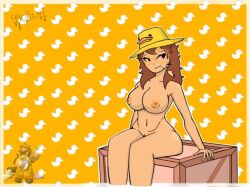 1girls areolae artist_signature breasts brown_hair crate dj_(tds) ducky_dj_(tds) female female_only glasses hat hat_only lewdgyofu_art looking_away nipples nude_female pussy pussy_peek reference_image roblox roblox_game robloxian round_glasses sitting solo source_request tagme thighs tower_defense_simulator