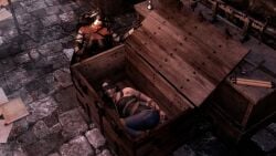 2girls 3d azztor blindfold bondage bondagora_(azztor) bound bound_arms bound_legs claire_redfield clothed clothed_bondage clothed_female female female_only fully_clothed fully_clothed_female gag gagged in_box in_container resident_evil wooden_box