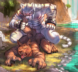 2boys anal anal_sex anthro blush canid canine canis cheetahpaws felid feline gay grimoire_of_zero holdem male male/male male_only mammal mercenary_(character) muscular outside pantherine penetration sex tiger wolf yaoi