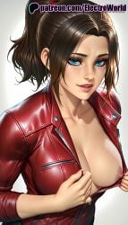 1girls 2026 ai_generated artist_name big_breasts big_chest biohazard blue_eyes breasts bust busty capcom chest claire_redfield electroworld exposed_nipples female gradient gradient_background hi_res high_quality high_resolution highres jacket large_breasts looking_at_viewer mole nipples nipples_outside patreon patreon_username ponytail resident_evil solo stable_diffusion watermark zipper
