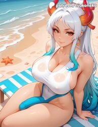 1futa 2026 ai_assisted ai_generated anime artist_name bare_shoulders beach breasts bust covered_navel crab earrings explicit futanari hi_res high_quality high_resolution highres horns jewelry long_hair looking_at_viewer multicolored_hair one-piece_swimsuit one_piece patreon patreon_username penis sand seashell shell sitting smile solo stable_diffusion starfish swimsuit tsukoneko water watermark yamato yamato_(one_piece)