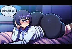 1girls ai_generated analover21 bedroom big_ass blush cyclops english_text female female_only laying_on_stomach manako monster_musume_no_iru_nichijou novelai on_bed solo text_bubble
