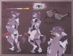 anthro aviator_glasses balls big_penis black_spots bodily_fluids bovid bovine cattle curly_hair ear_piercing eyewear facial_piercing floart fluffy fluffy_tail fur genitals glasses green_eyes hair hi_res hooves horn huge_cock keize_galloway male mammal nervous nervous_sweat nose_piercing nose_ring nude penis piercing pubes purple_body purple_fur reference_image ring_piercing small_horn solo spots sweat tail white_spots