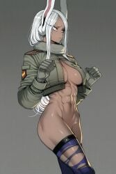 1girls ai_generated bottomless bottomless_female bunny_ears dark-skinned_female dark_skin female female_only jacket jacket_only my_hero_academia no_bra rumi_usagiyama solo solo_female thighhighs torn_thighhighs white_hair zloimakak