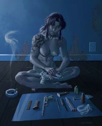 1girls abs ashtray black_lagoon breasts casual cigarette completely_nude e_qeww female firearm gun handgun human nipples nonsexual nonsexual_nudity nude pale_skin red_hair revy sasaroo solo tattoo weapon
