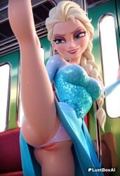 1girls ai_generated blonde_hair blue_eyes braid breasts clothing clothing_aside disney disney_princess dress elsa_(frozen) female frozen_(film) frozen_2 hi_res leg_lift leg_up long_hair lustboxai makeup medium_breasts panties panties_aside pussy pussy_juice single_braid small_breasts smile solo split standing standing_on_one_leg standing_split sweat train_interior uncensored underwear white_panties