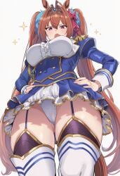 ai_generated animal_ears breasts costume daiwa_scarlet_(umamusume) female hips horse_girl outfit panties red_eyes ribbon_in_hair shobu-fuku_(umamusume) skin_fang thighs tiara twintails umamusume umamusume_pretty_derby under_view