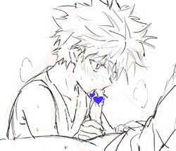 2boys blowjob blush bottomless censored cock_gobble cock_hungry cum_hungry erection fellatio gay giving_head going_down_on head_out_of_frame heart_censor holding_penis hunter_x_hunter just_the_tip killua_zoldyck kneeling_oral_position knob_polishing male male_only multiple_boys penis playing_skinflute pointless_censoring sketch spiky_hair sucking_off sweat sweatdrop tagme white_background yaoi