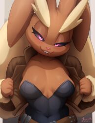 1girls alternate_version_available animal_ears anthro anthro_only azuretto belt belt_buckle black_leotard black_sclera blush breast_focus breasts brown_jacket bunny bunny_ears bunny_girl cleavage cosplay female female_only furry game_freak half-closed_eyes jacket lagomorph leotard lopunny marvel marvel_comics medium_breasts naughty_face open_jacket pink_eyes pokemon pokemon_(species) pokemon_dppt rogue_(x-men)_(cosplay) seductive seductive_look smile solo solo_female upper_body upper_body_focus