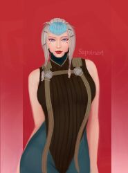 1girls aoi_morohoshi blue_eyes breasts clothing hips looking_at_viewer mag_(warframe) red_background sapsinart simple_background text thighs v-bangs warframe warframe_1999