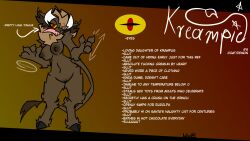 16:9 anthro bovid breasts brown_body brown_fur caprine caprine_demon christmas claws demon digitigrade english_text eye_through_hair female floppy_ears fur genitals goat goat_demon hair hi_res holidays hooves horn inner_ear_fluff kreampie_(wub) long_tail long_tongue looking_at_viewer mammal mane model_sheet nipples nude nude_anthro nude_female profanity red_eyes sharp_teeth signature solo tail tail_tuft tan_body tan_fur teeth text tongue translucent translucent_hair tuft vulva widescreen wub_(artist) yellow_sclera